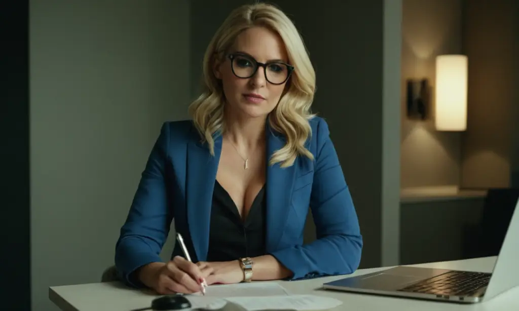 Woman in blue blazer writing at desk